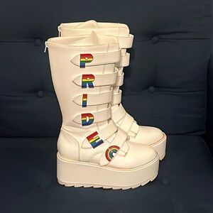 Y.R.U. Karma HI Pride White Platform Boots Rainbow Rave Size 8